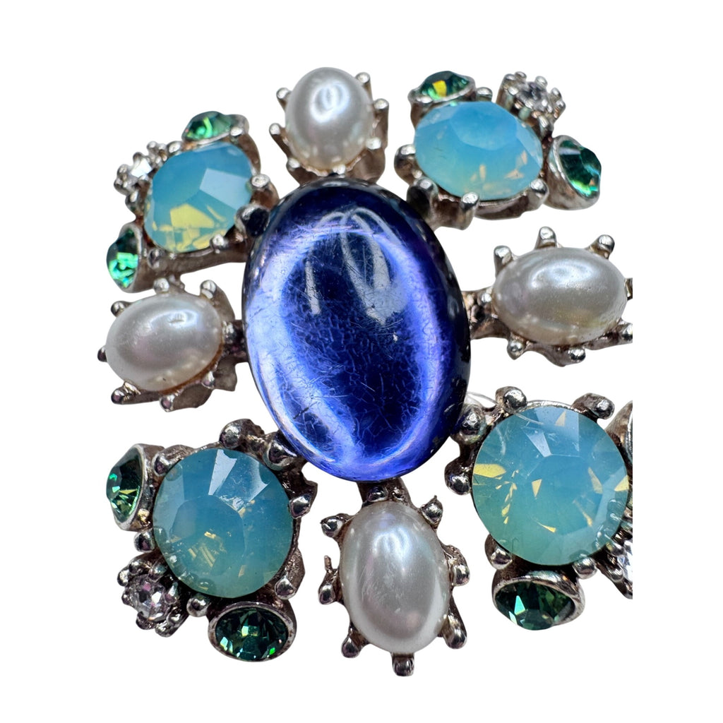 Blue Purple Crystal Faux Pearl Brooch Silver Tone Modern