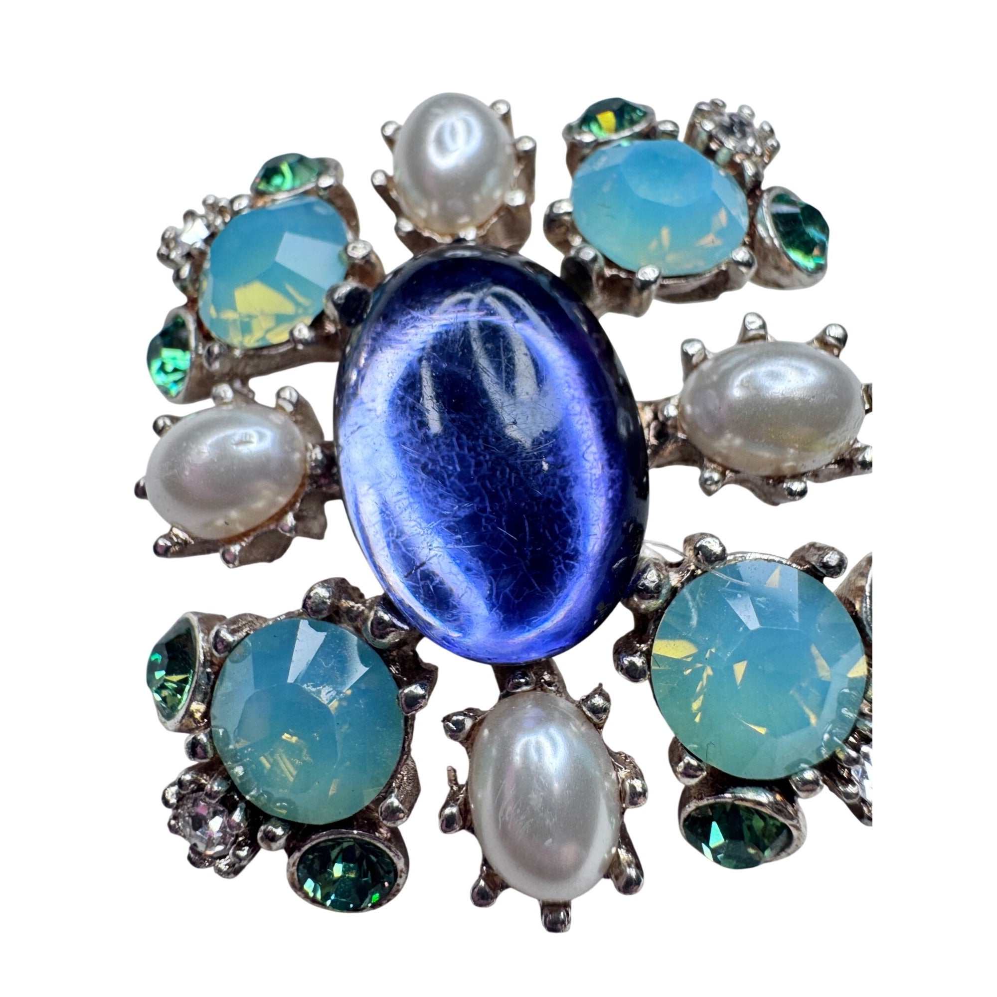 Blue Purple Crystal Faux Pearl Brooch Silver Tone Modern