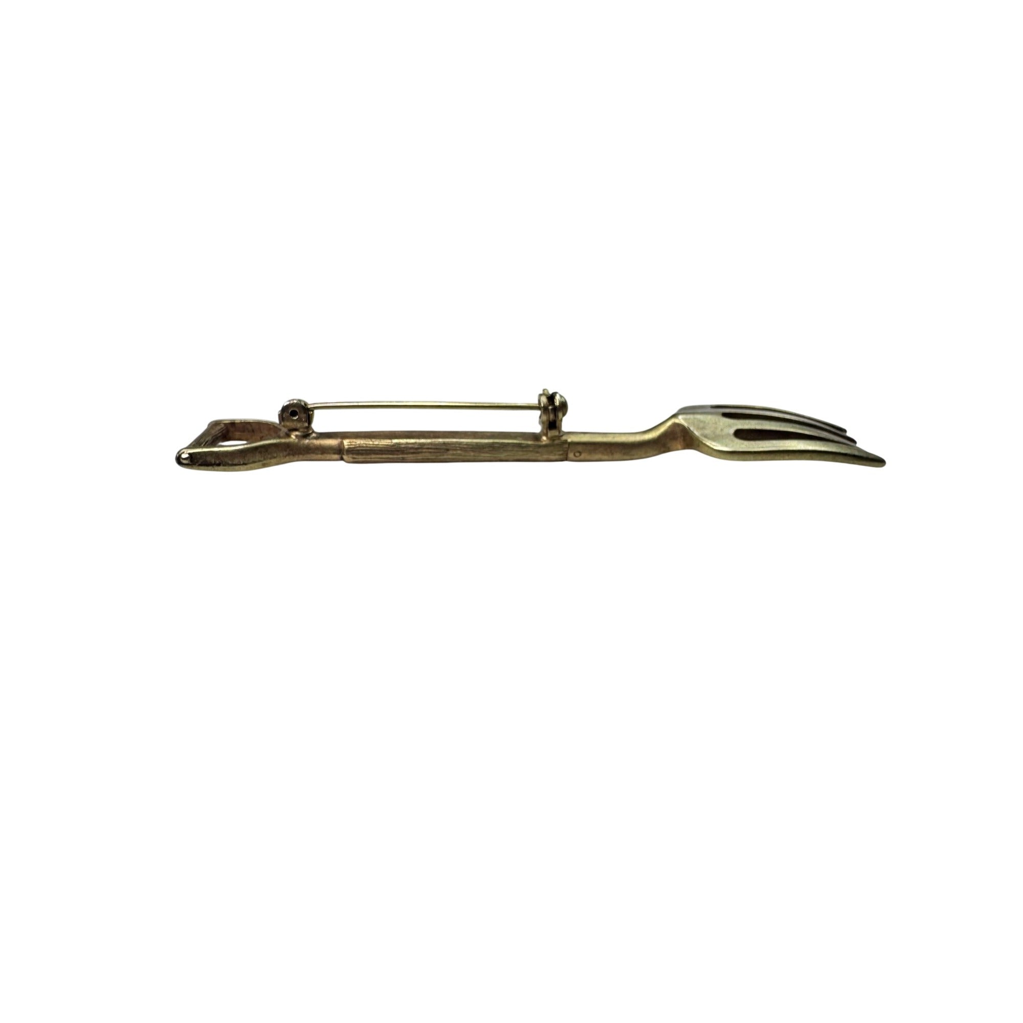 Unsigned Garden Fork Brooch Gold Tone Tool Novelty 1980s Vintage