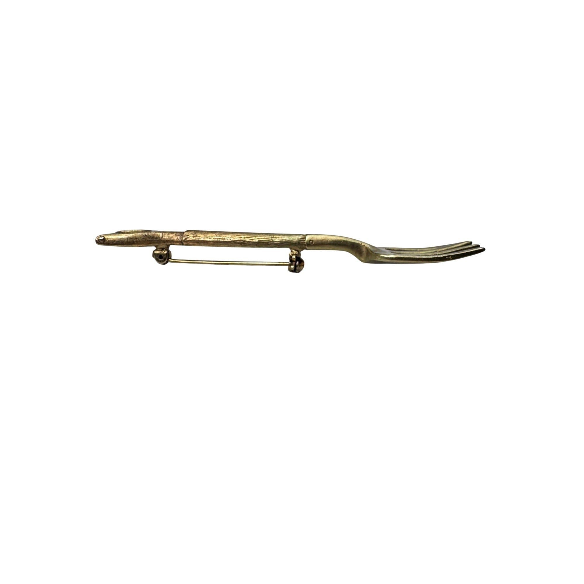 Unsigned Garden Fork Brooch Gold Tone Tool Novelty 1980s Vintage
