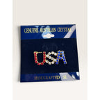 USA Patriotic Red White Blue Rhinestone Script Letter Brooch Vintage 1990s