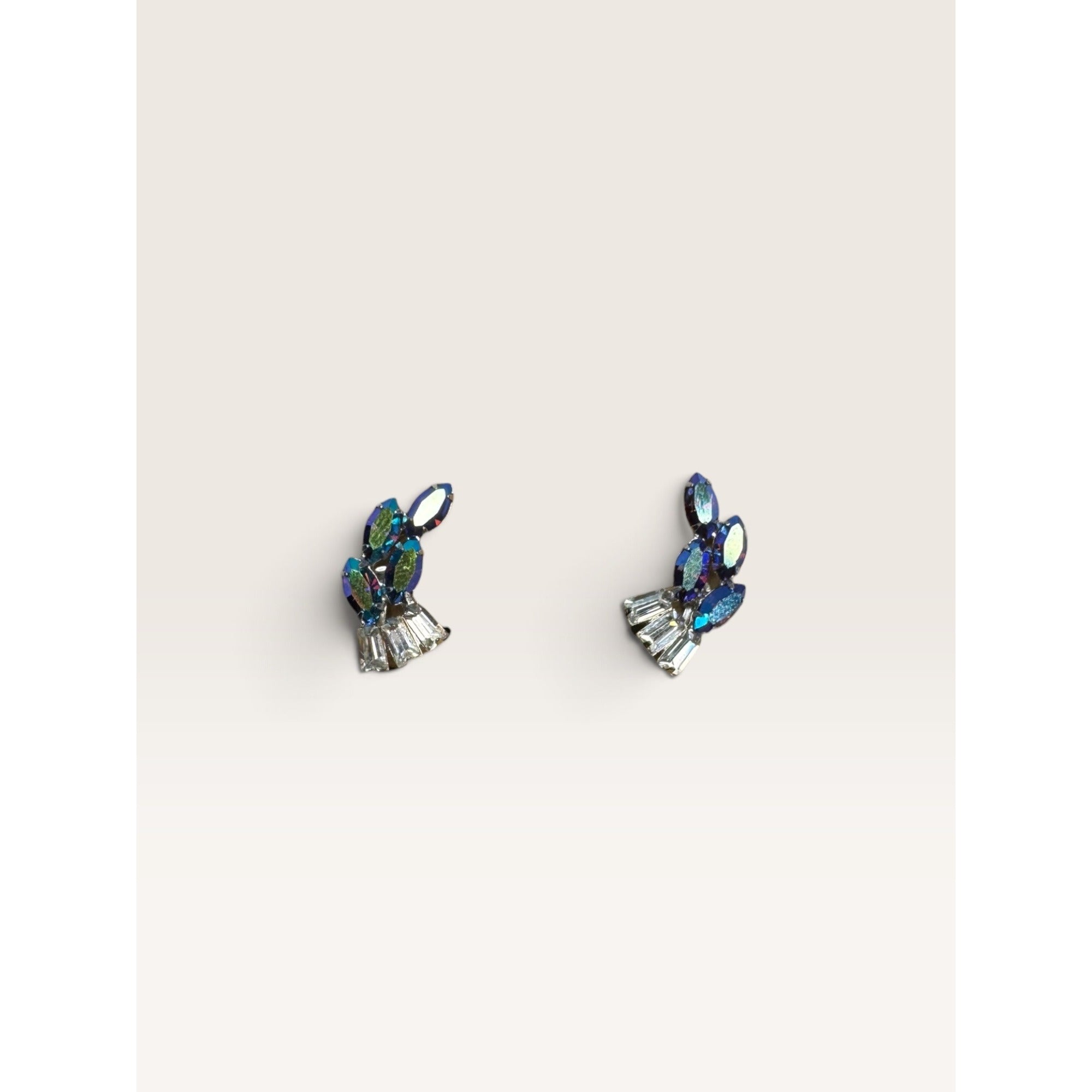 1950s B David Blue Peacock AB Navette Clear Baguette Rhinestone Clip Earrings .92" Vintage