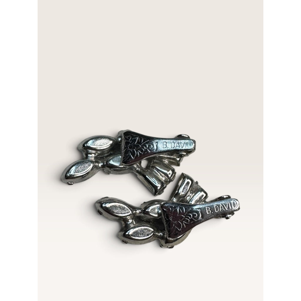 1950s B David Blue Peacock AB Navette Clear Baguette Rhinestone Clip Earrings .92" Vintage