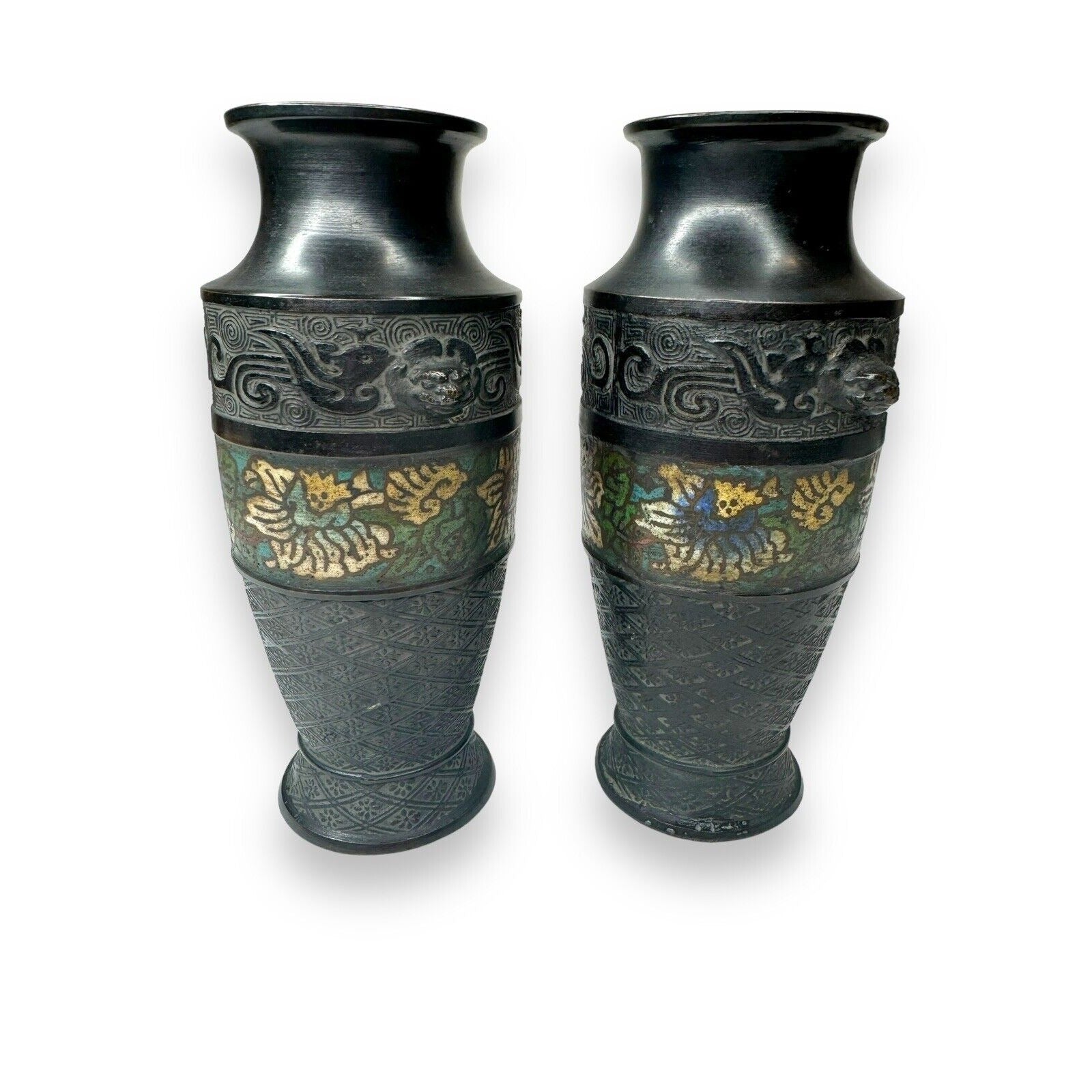 Pair Chinese Champlevé Bronze Vases Taotie Mask Blackened Bronze 6.87”