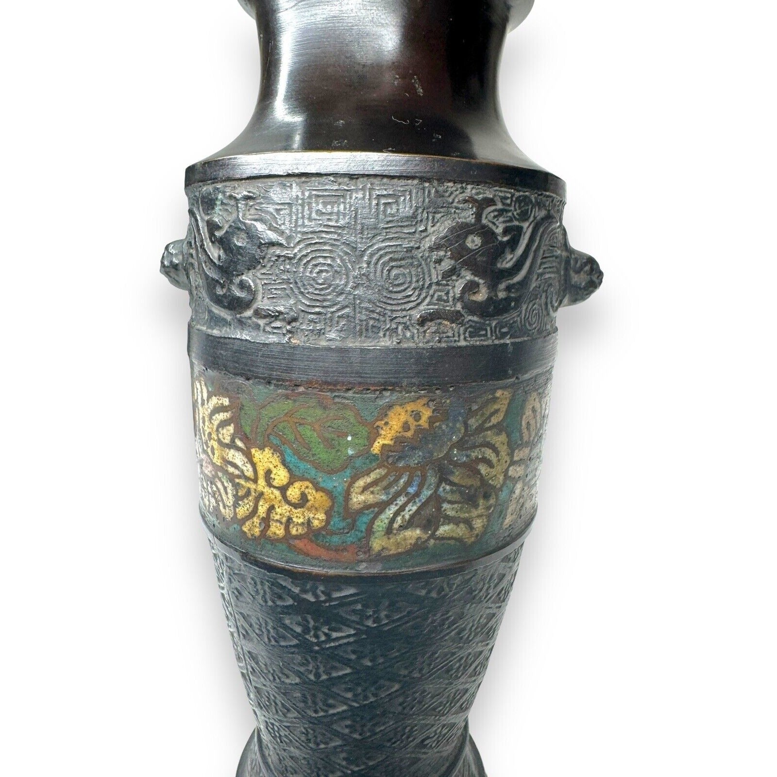 Pair Chinese Champlevé Bronze Vases Taotie Mask Blackened Bronze 6.87”