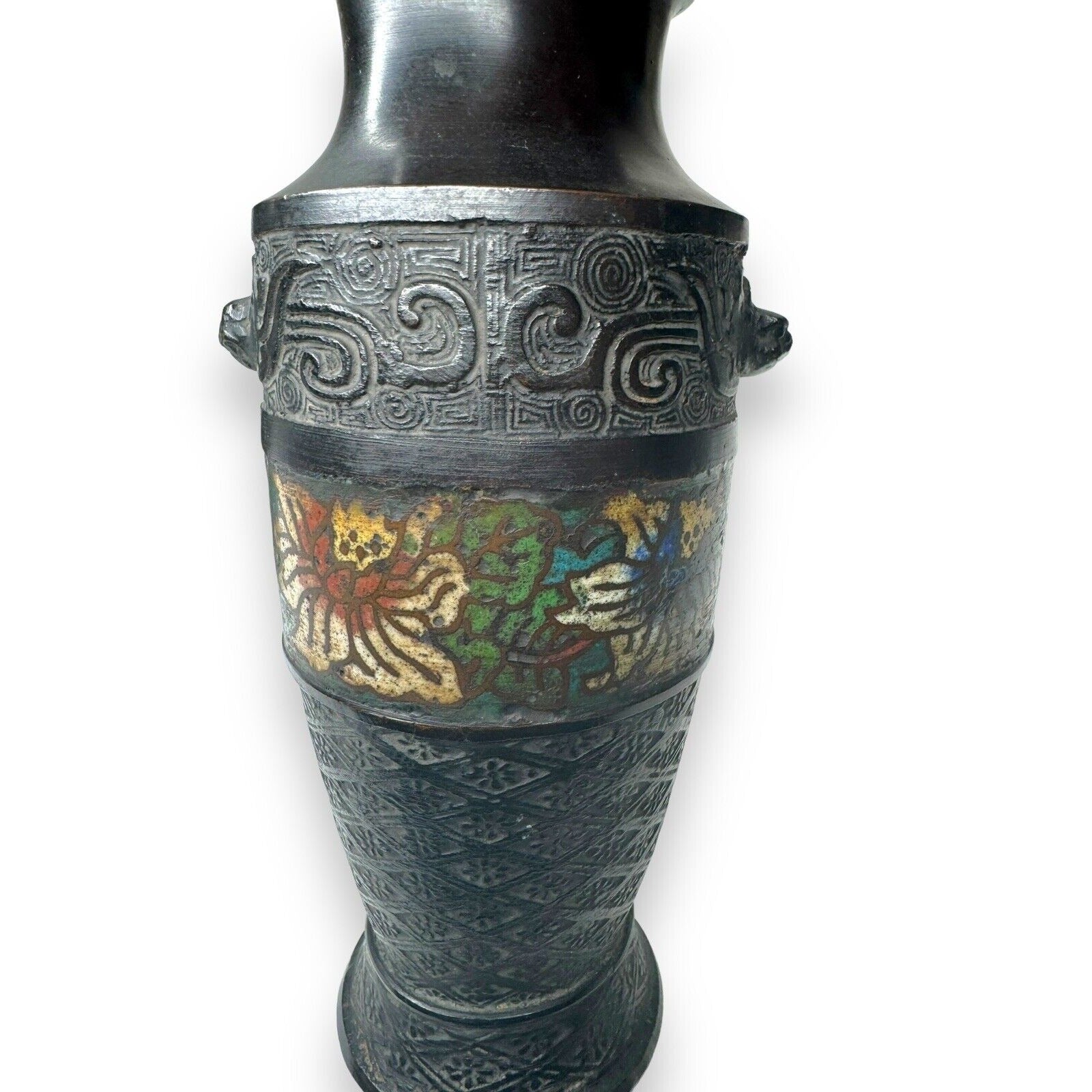 Pair Chinese Champlevé Bronze Vases Taotie Mask Blackened Bronze 6.87”