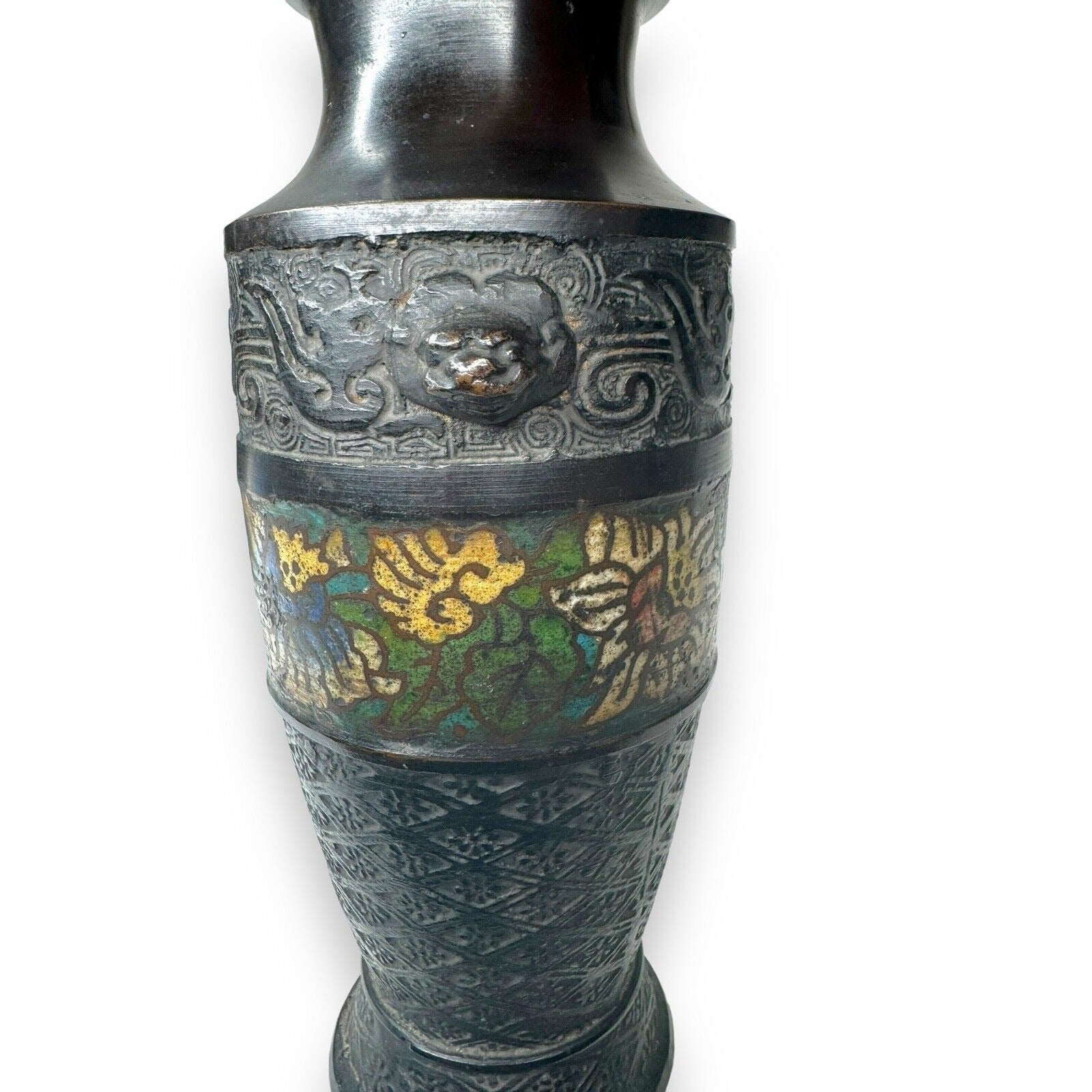 Pair Chinese Champlevé Bronze Vases Taotie Mask Blackened Bronze 6.87”