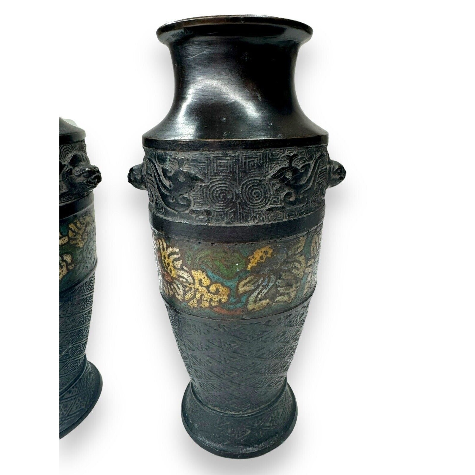 Pair Chinese Champlevé Bronze Vases Taotie Mask Blackened Bronze 6.87”