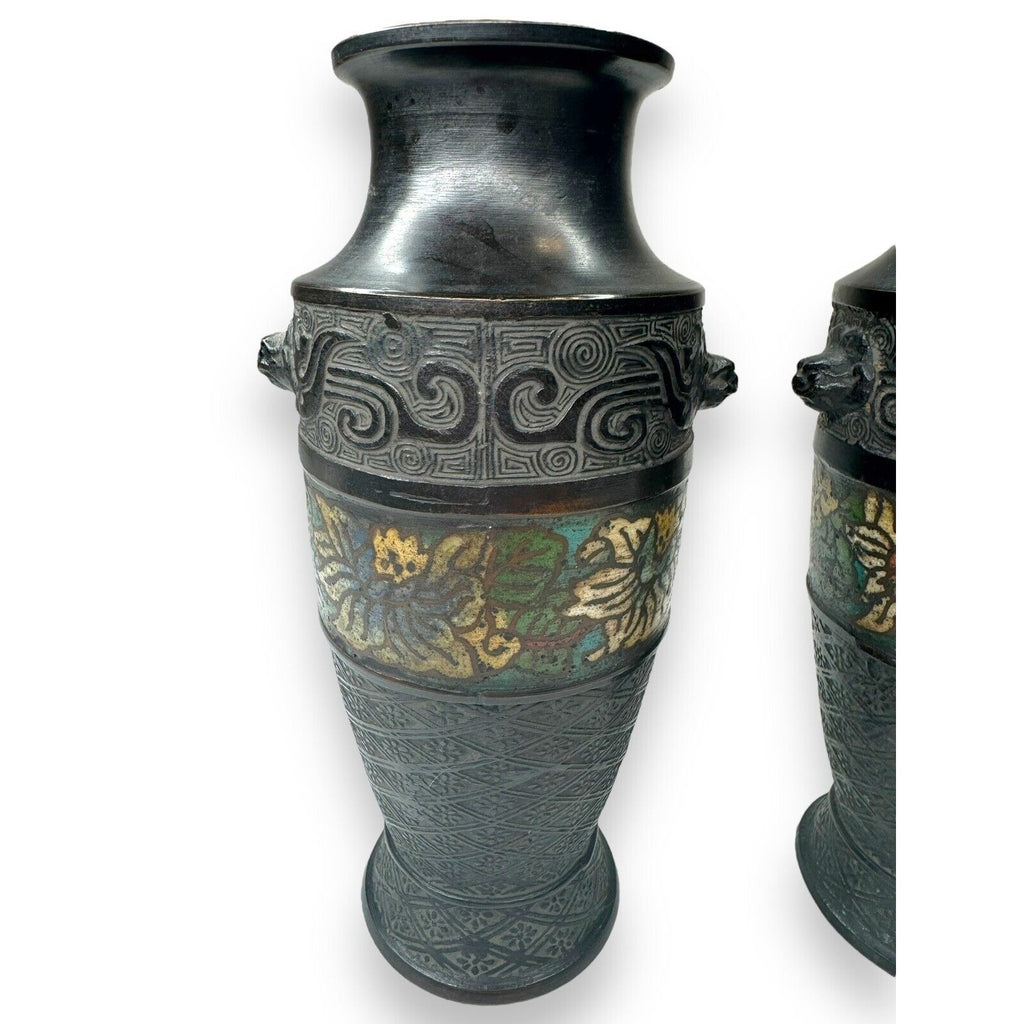 Pair Chinese Champlevé Bronze Vases Taotie Mask Blackened Bronze 6.87”