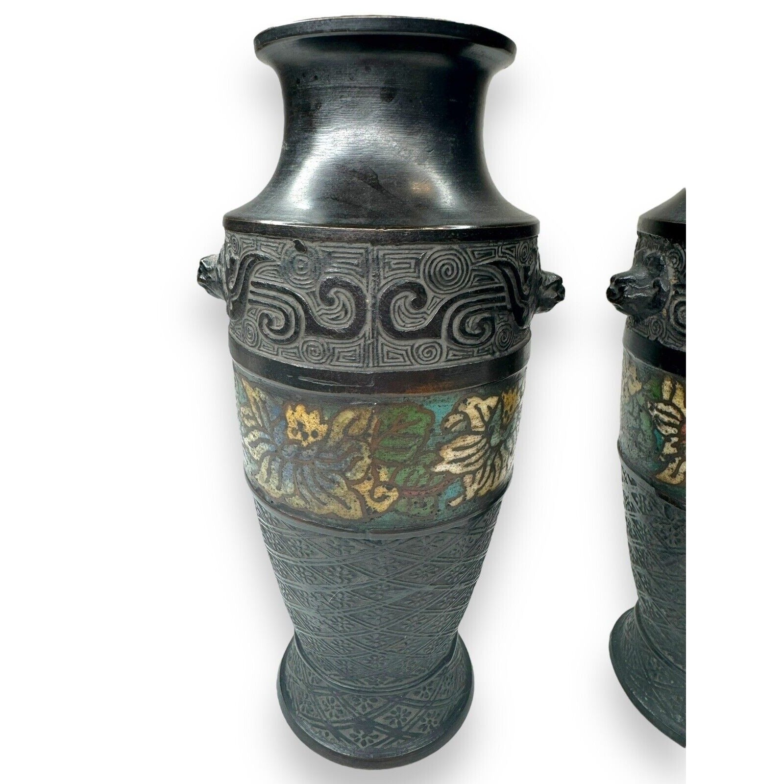 Pair Chinese Champlevé Bronze Vases Taotie Mask Blackened Bronze 6.87”