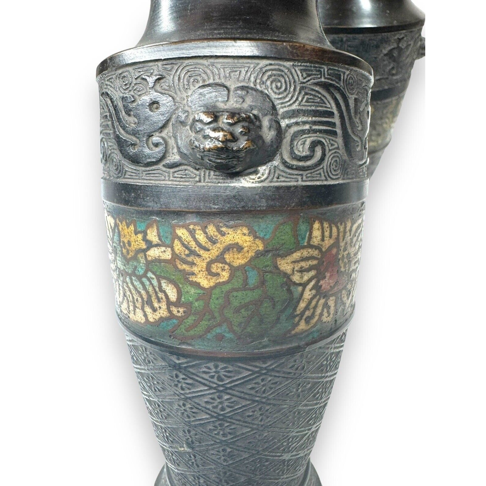 Pair Chinese Champlevé Bronze Vases Taotie Mask Blackened Bronze 6.87”