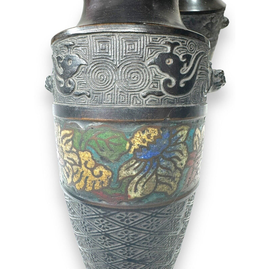 Pair Chinese Champlevé Bronze Vases Taotie Mask Blackened Bronze 6.87”