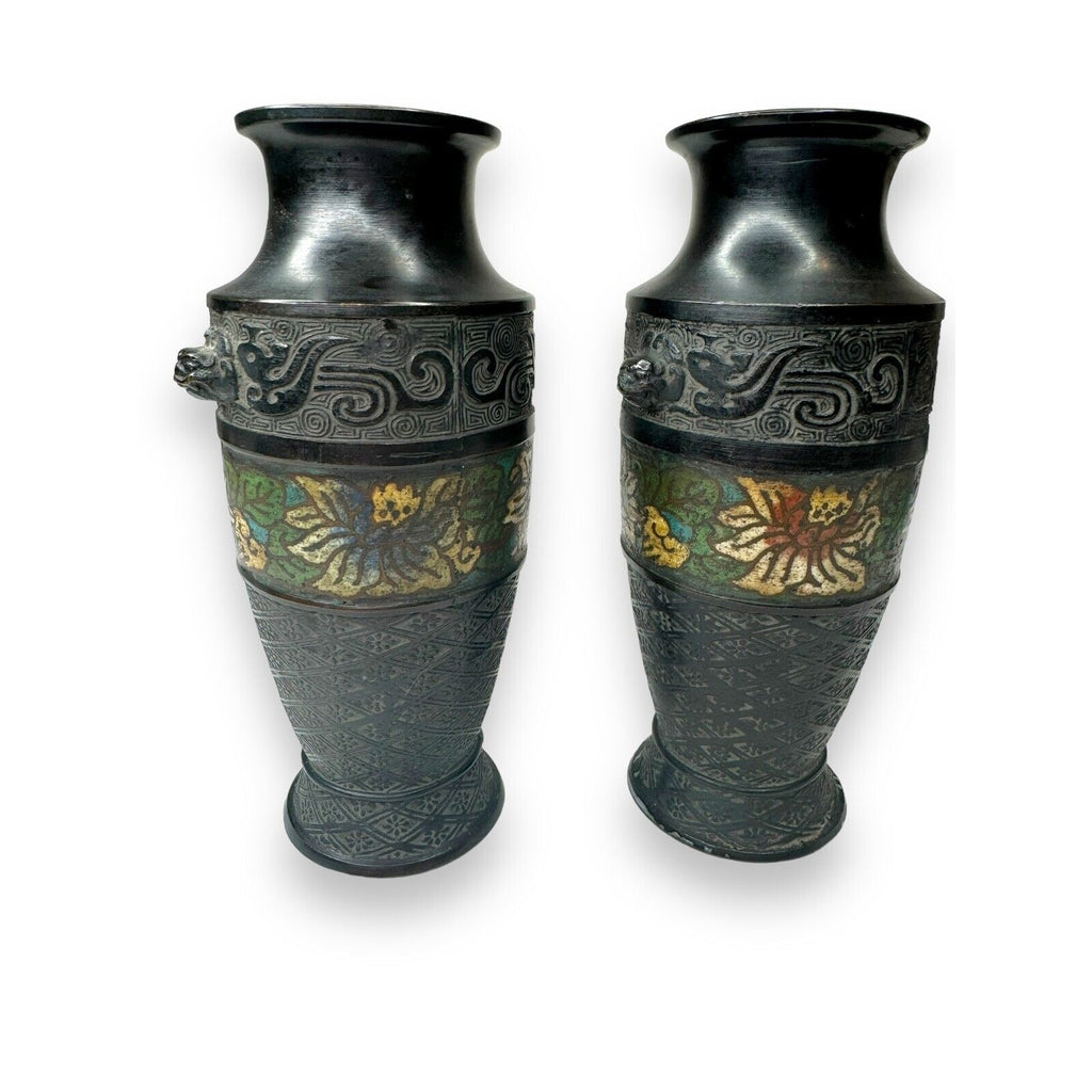 Pair Chinese Champlevé Bronze Vases Taotie Mask Blackened Bronze 6.87”