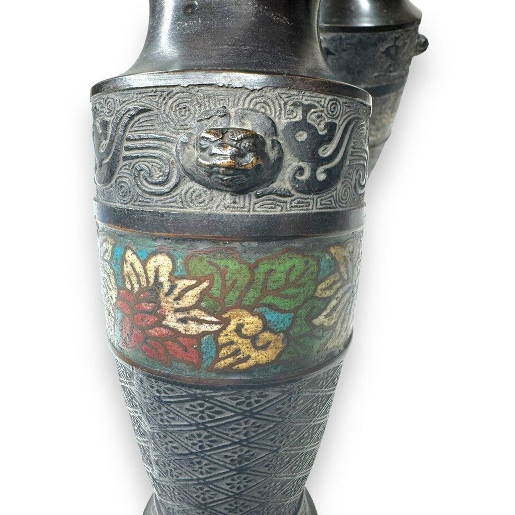 Pair Chinese Champlevé Bronze Vases Taotie Mask Blackened Bronze 6.87”