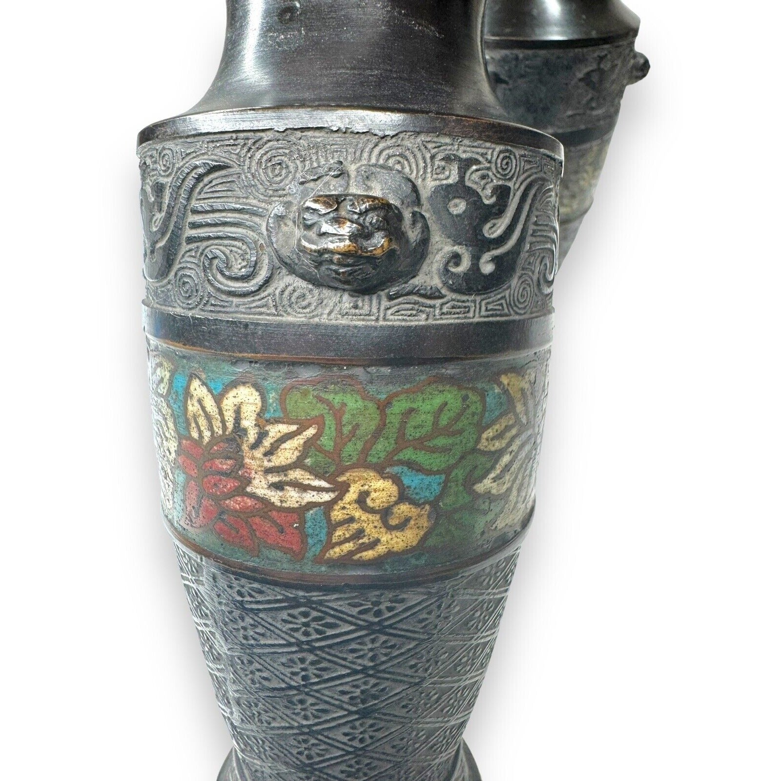 Pair Chinese Champlevé Bronze Vases Taotie Mask Blackened Bronze 6.87”
