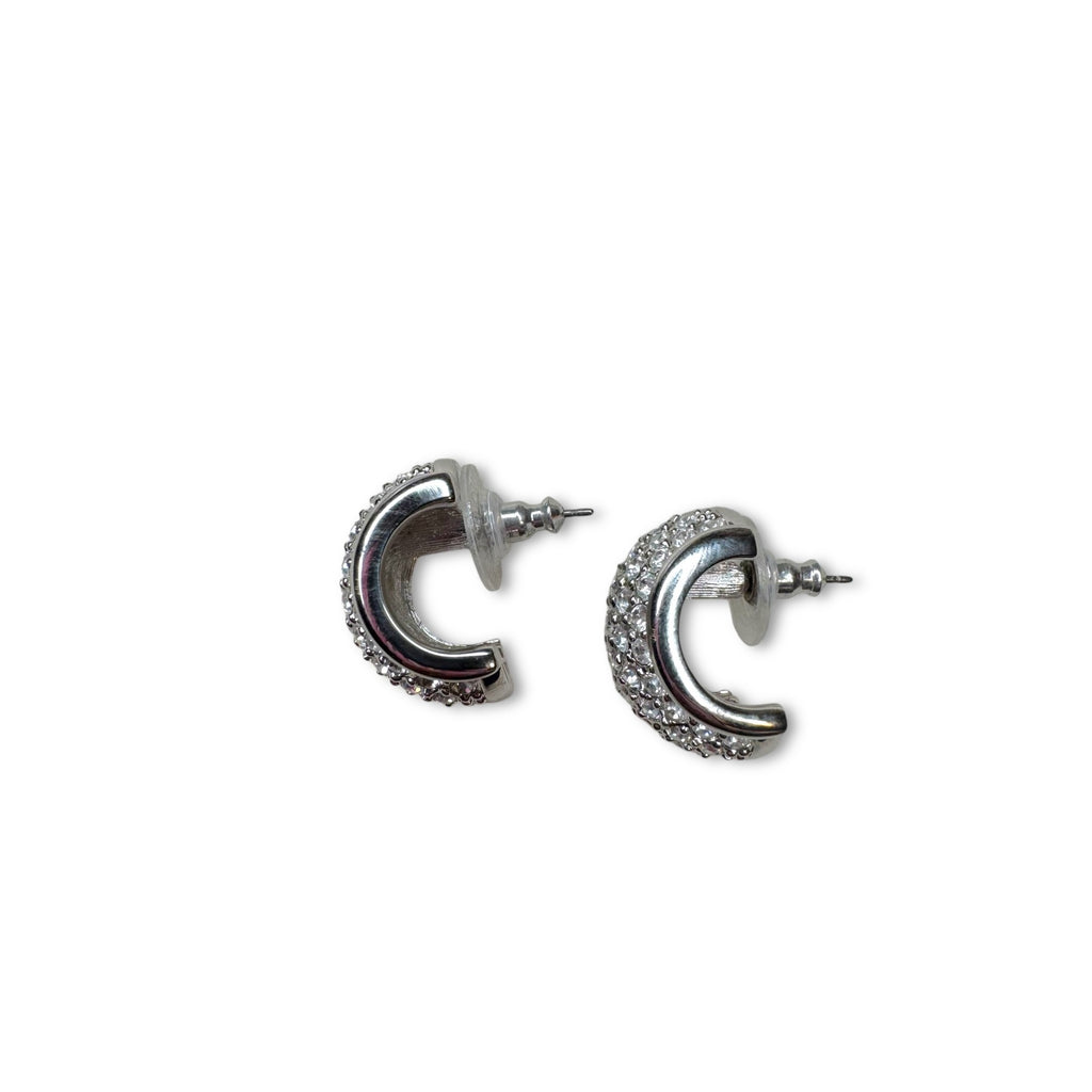 Swarovski Silvertone Pavé Crystal Pierced Half Hoop Earrings 1980s