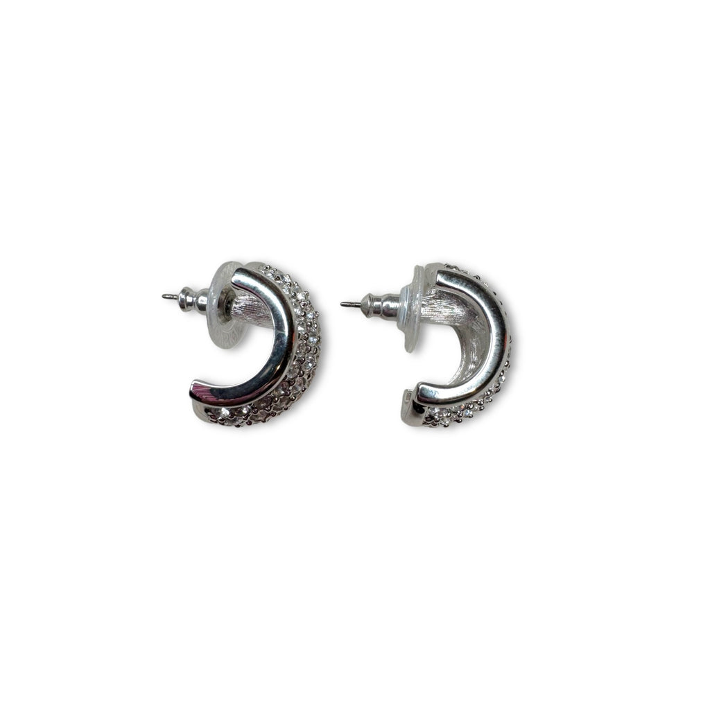 Swarovski Silvertone Pavé Crystal Pierced Half Hoop Earrings 1980s