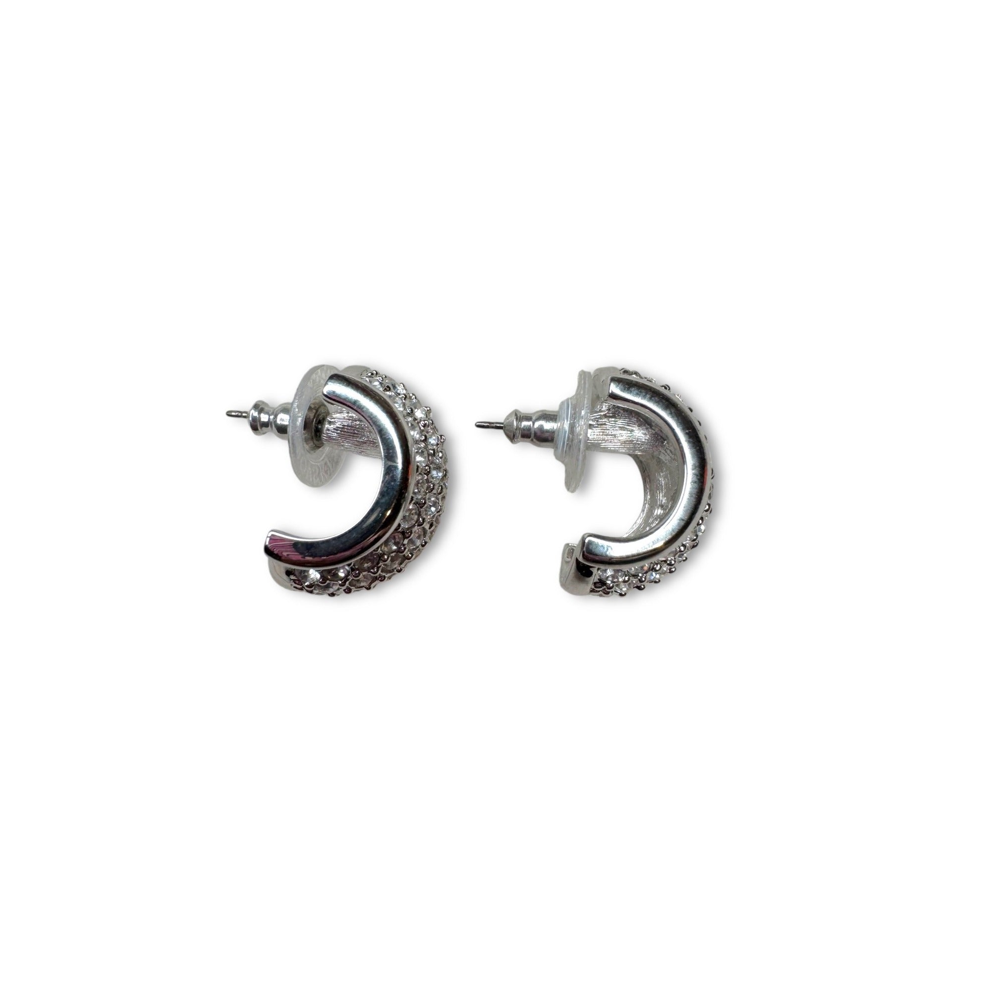 Swarovski Silvertone Pavé Crystal Pierced Half Hoop Earrings 1980s