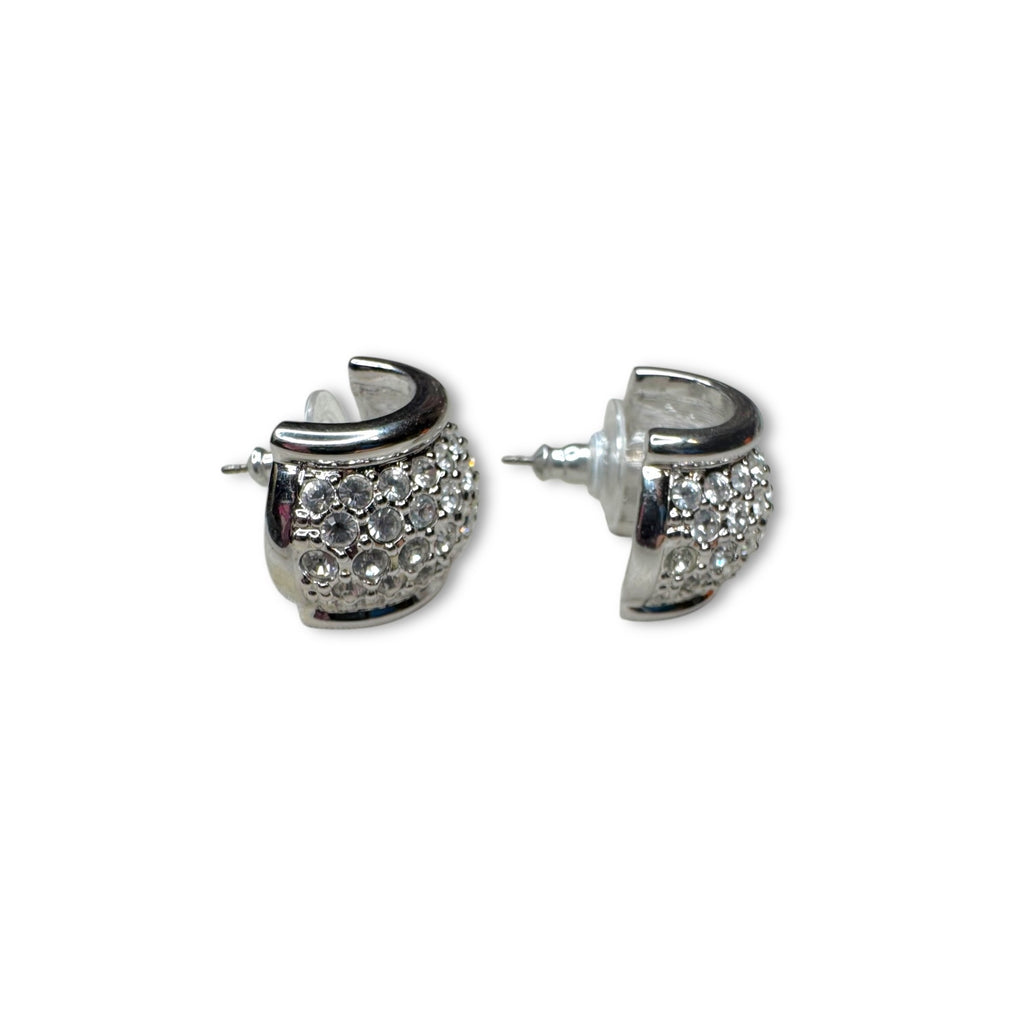 Swarovski Silvertone Pavé Crystal Pierced Half Hoop Earrings 1980s