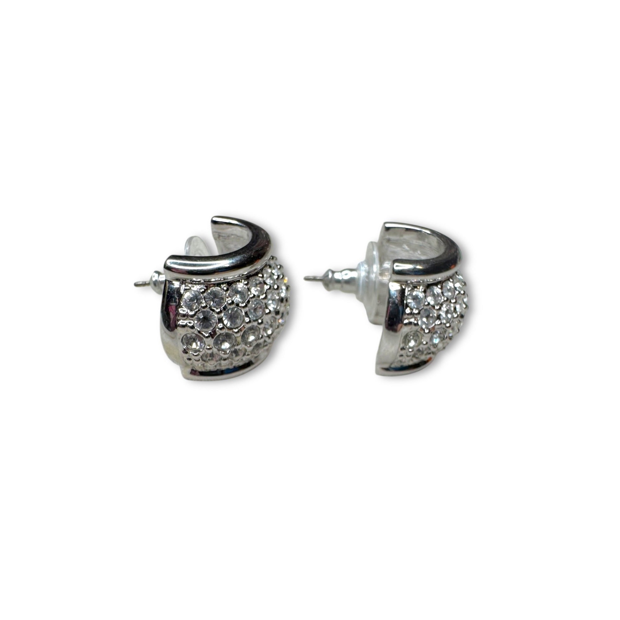 Swarovski Silvertone Pavé Crystal Pierced Half Hoop Earrings 1980s