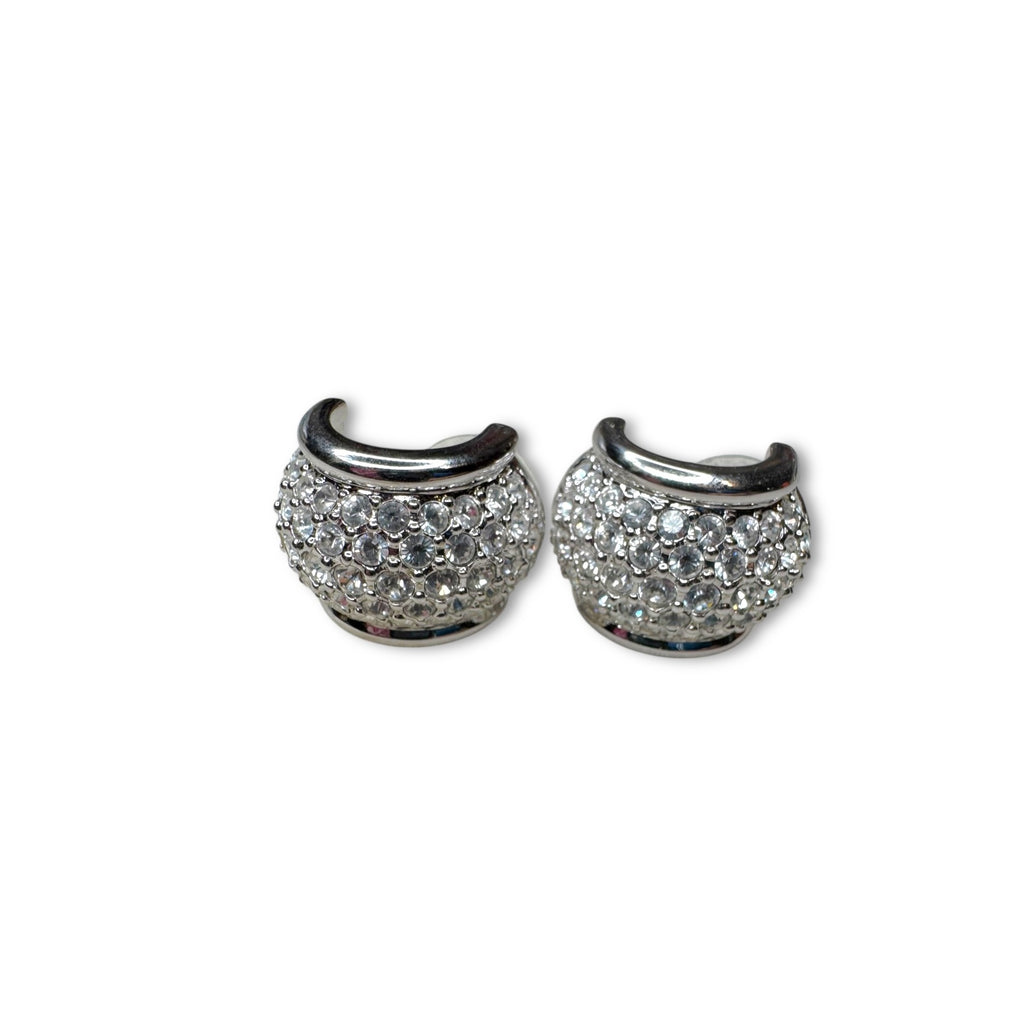 Swarovski Silvertone Pavé Crystal Pierced Half Hoop Earrings 1980s