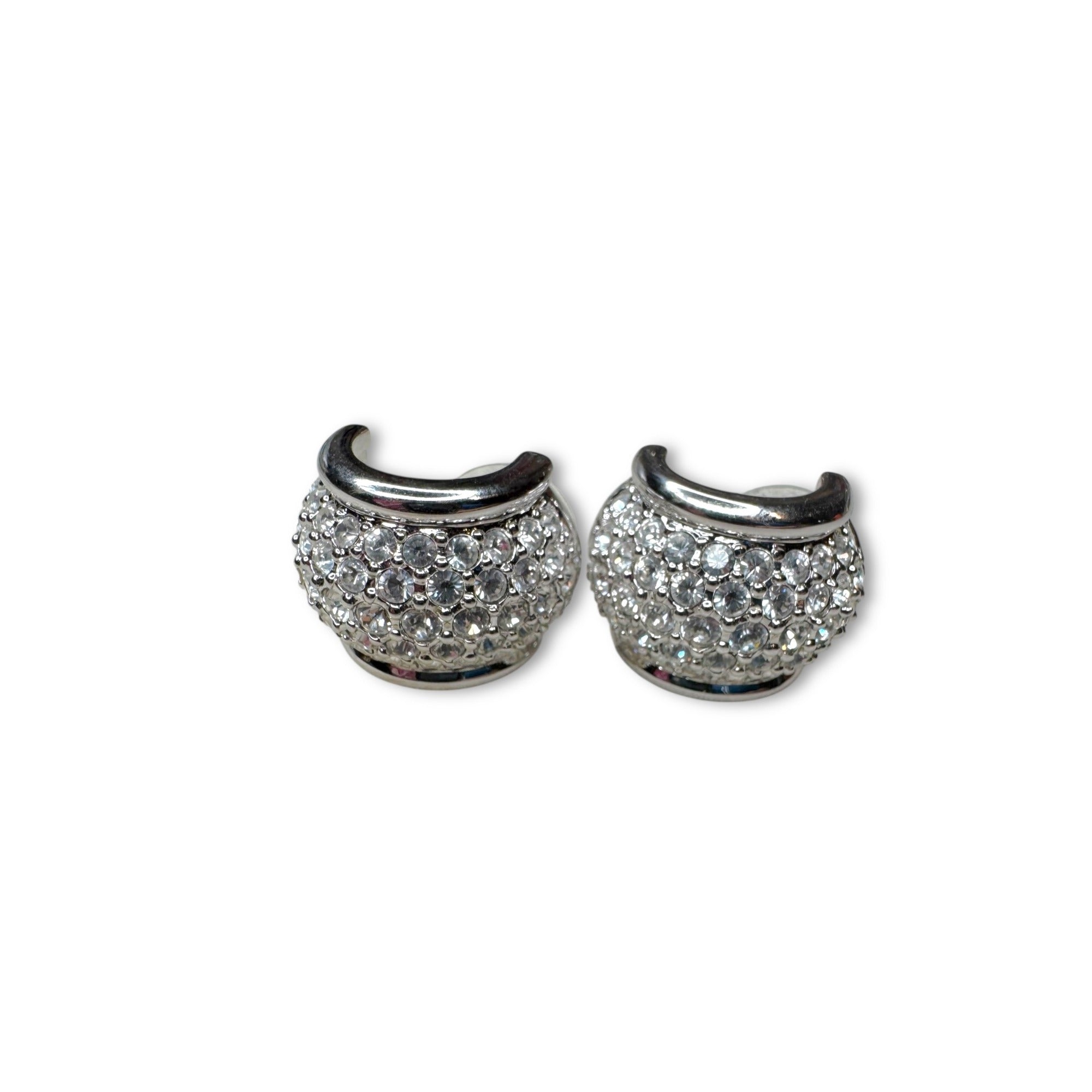 Swarovski Silvertone Pavé Crystal Pierced Half Hoop Earrings 1980s