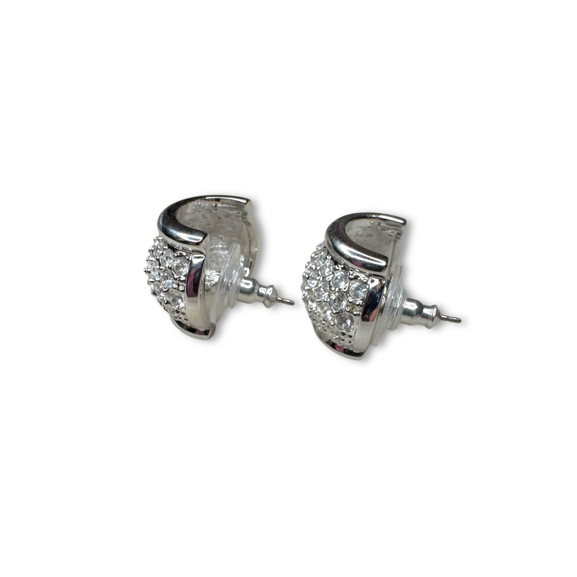 Swarovski Silvertone Pavé Crystal Pierced Half Hoop Earrings 1980s