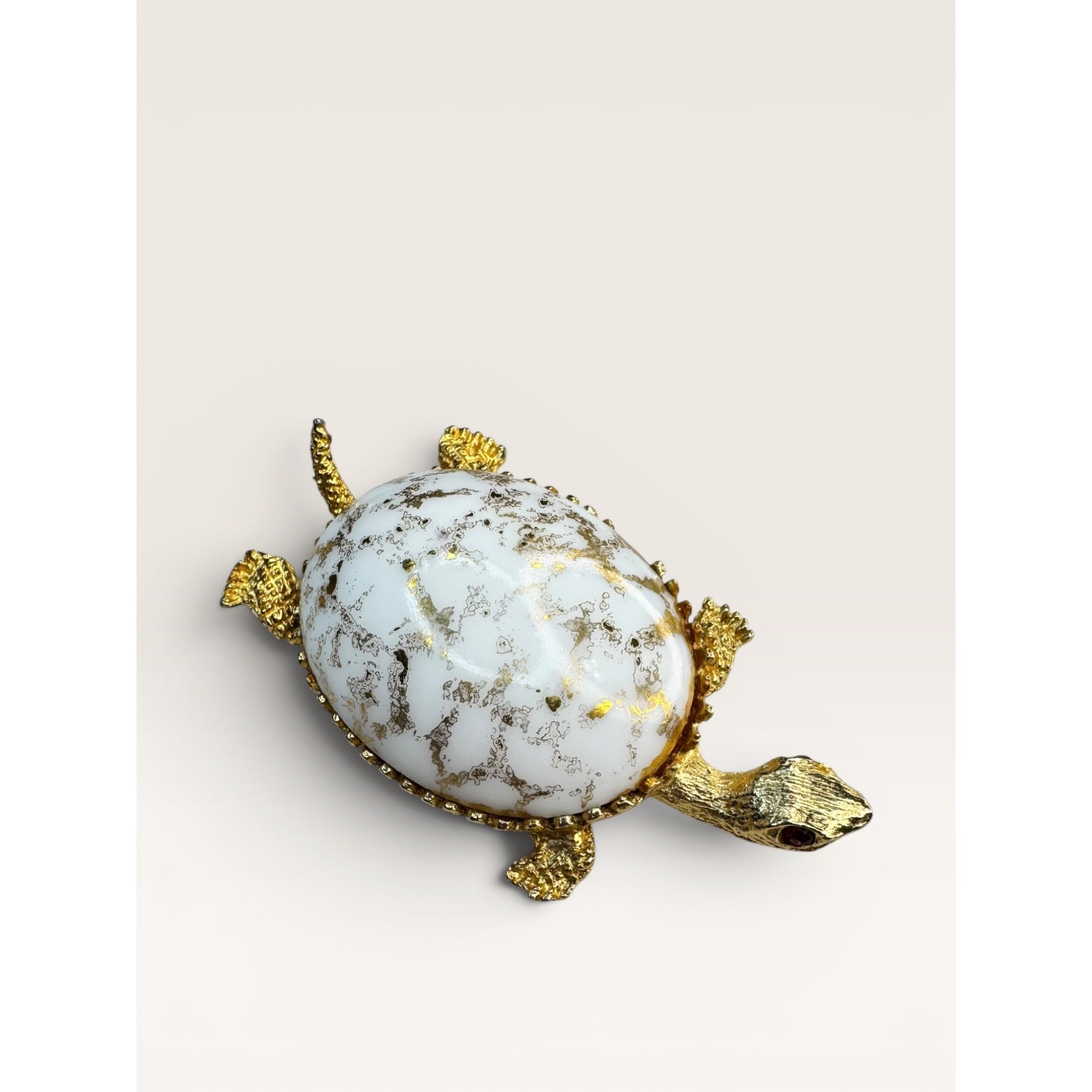 1960s White Glass Gold Leaf Turtle Brooch Gold Tone Figural Animal Vintage