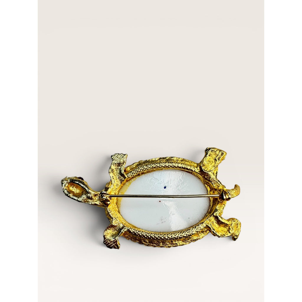 1960s White Glass Gold Leaf Turtle Brooch Gold Tone Figural Animal Vintage