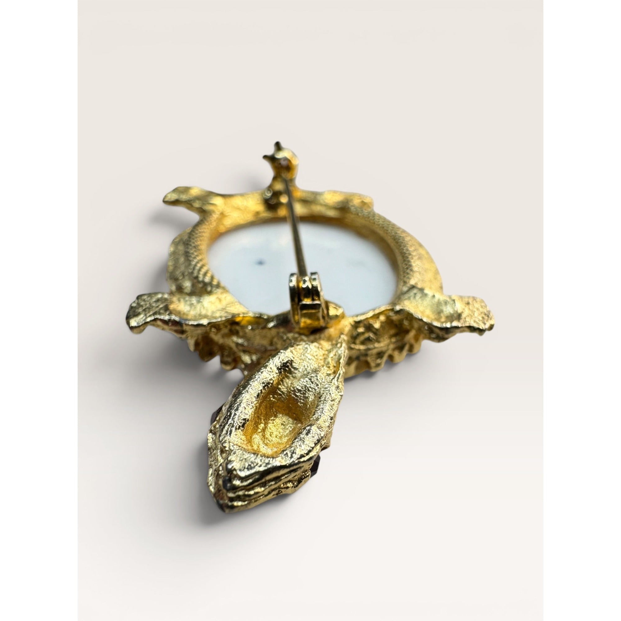 1960s White Glass Gold Leaf Turtle Brooch Gold Tone Figural Animal Vintage