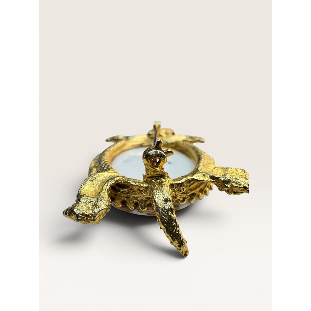 1960s White Glass Gold Leaf Turtle Brooch Gold Tone Figural Animal Vintage
