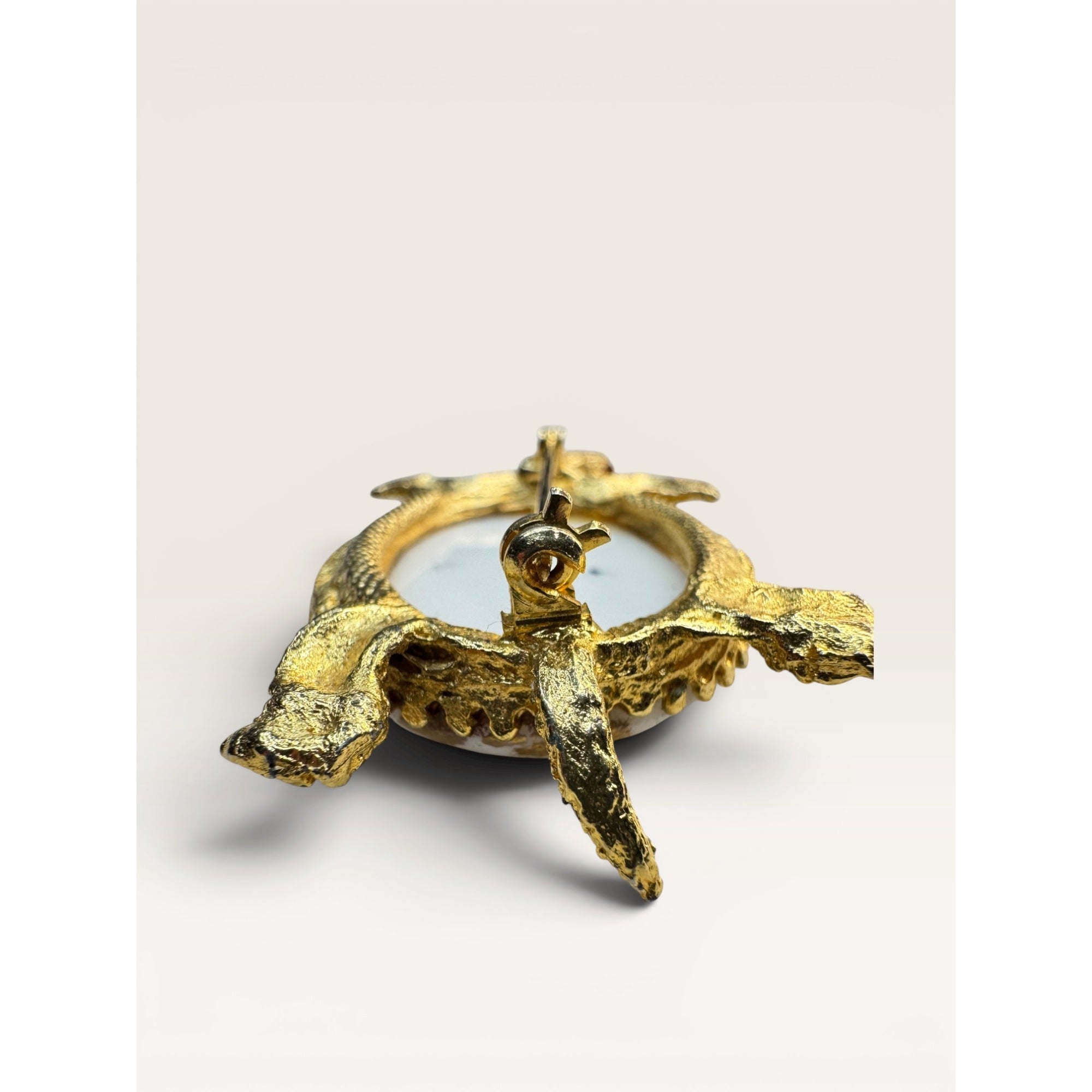 1960s White Glass Gold Leaf Turtle Brooch Gold Tone Figural Animal Vintage
