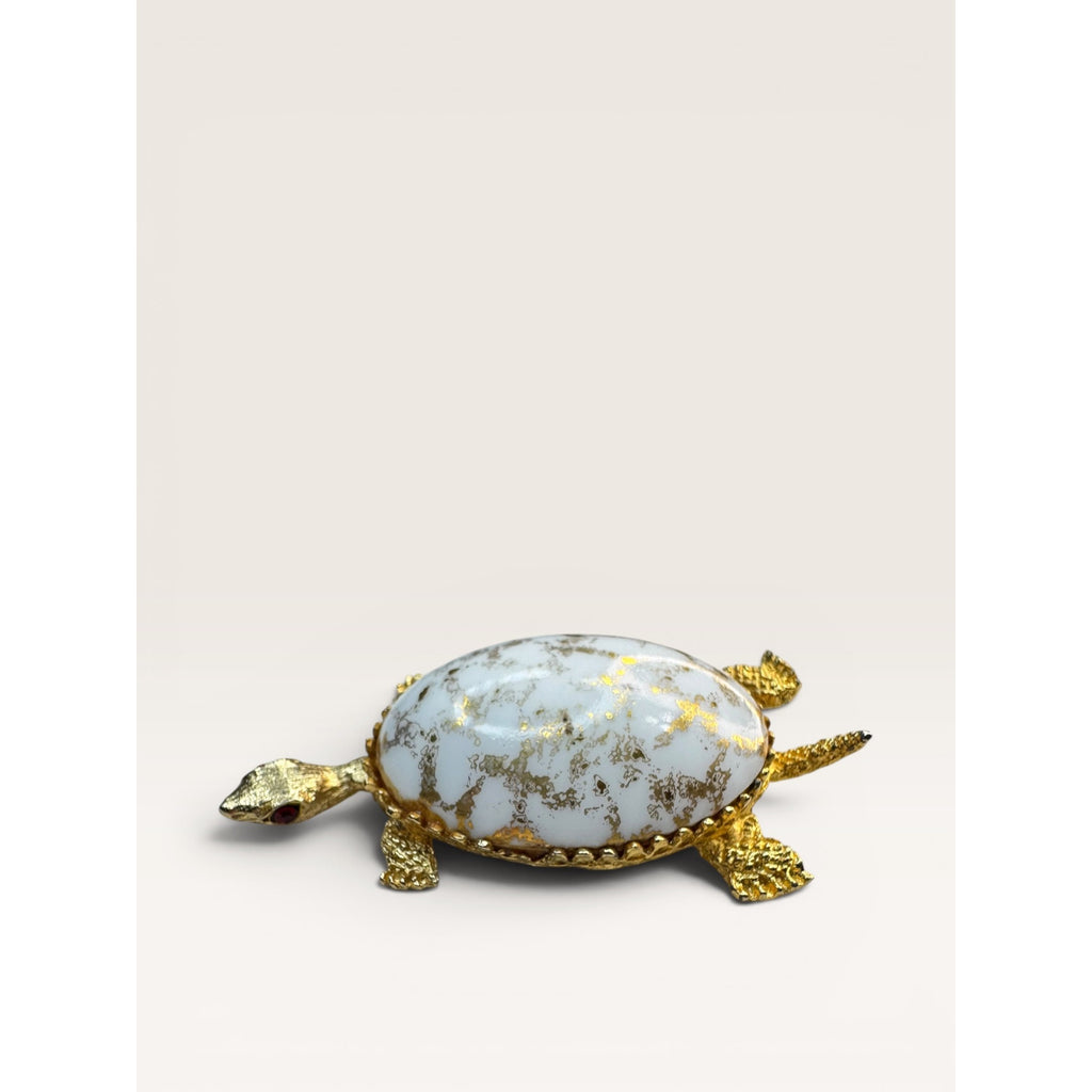 1960s White Glass Gold Leaf Turtle Brooch Gold Tone Figural Animal Vintage
