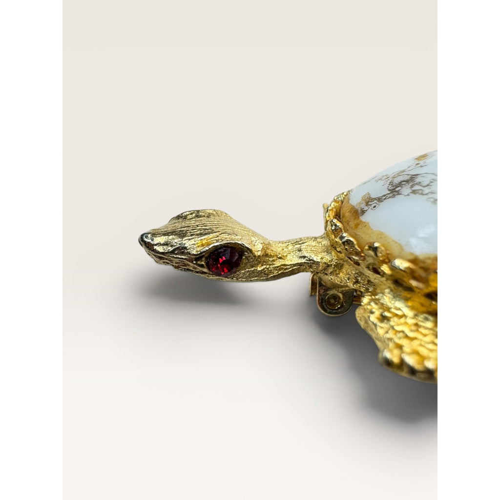 1960s White Glass Gold Leaf Turtle Brooch Gold Tone Figural Animal Vintage