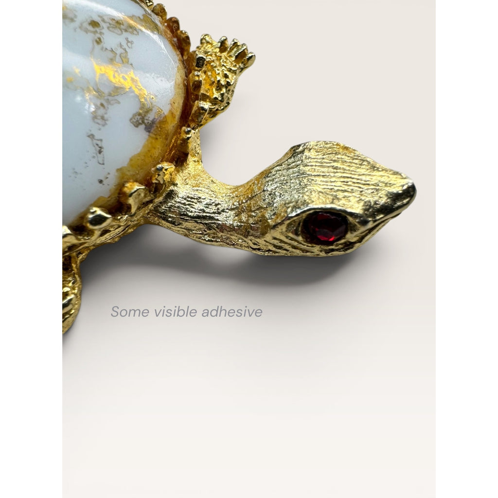 1960s White Glass Gold Leaf Turtle Brooch Gold Tone Figural Animal Vintage