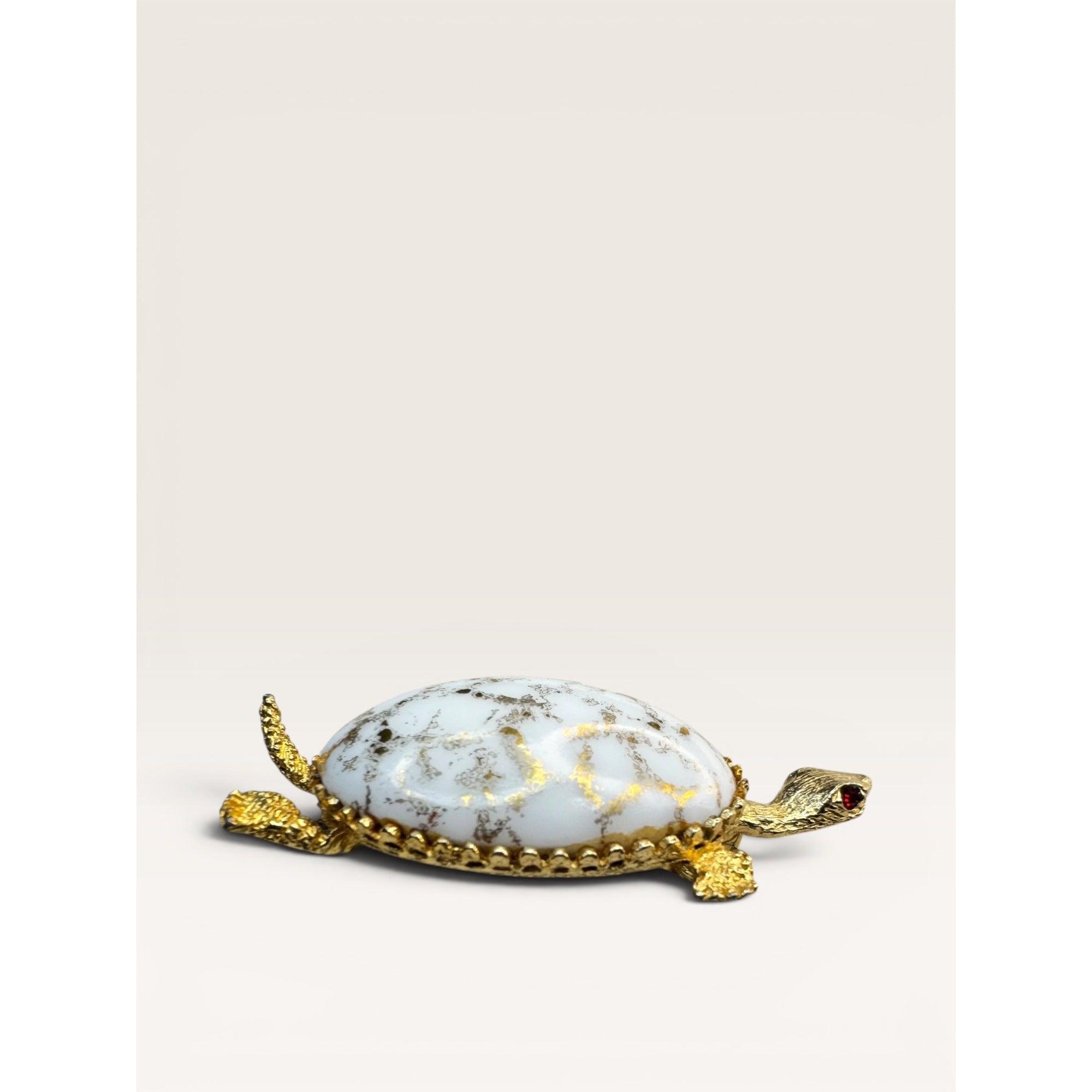 1960s White Glass Gold Leaf Turtle Brooch Gold Tone Figural Animal Vintage