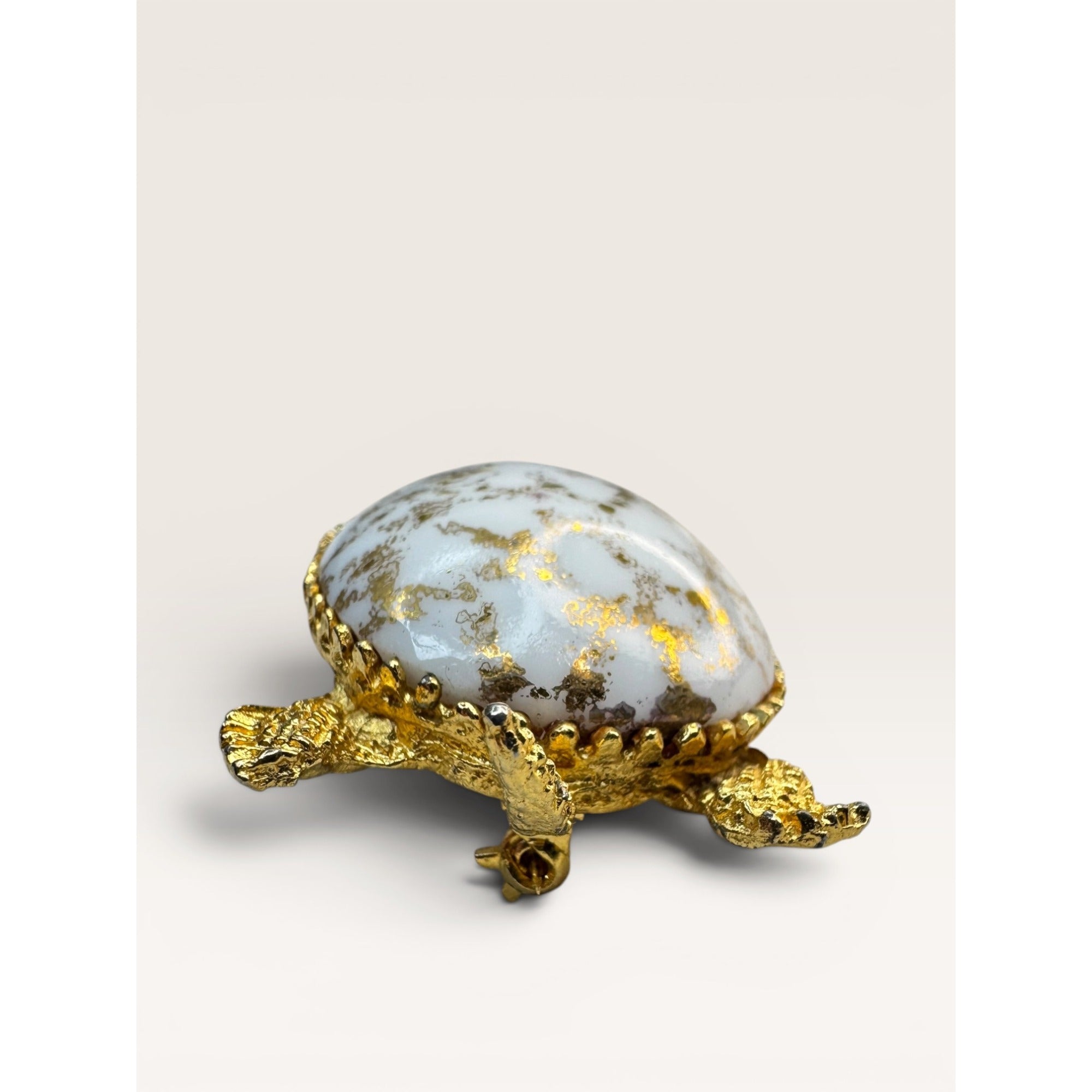 1960s White Glass Gold Leaf Turtle Brooch Gold Tone Figural Animal Vintage
