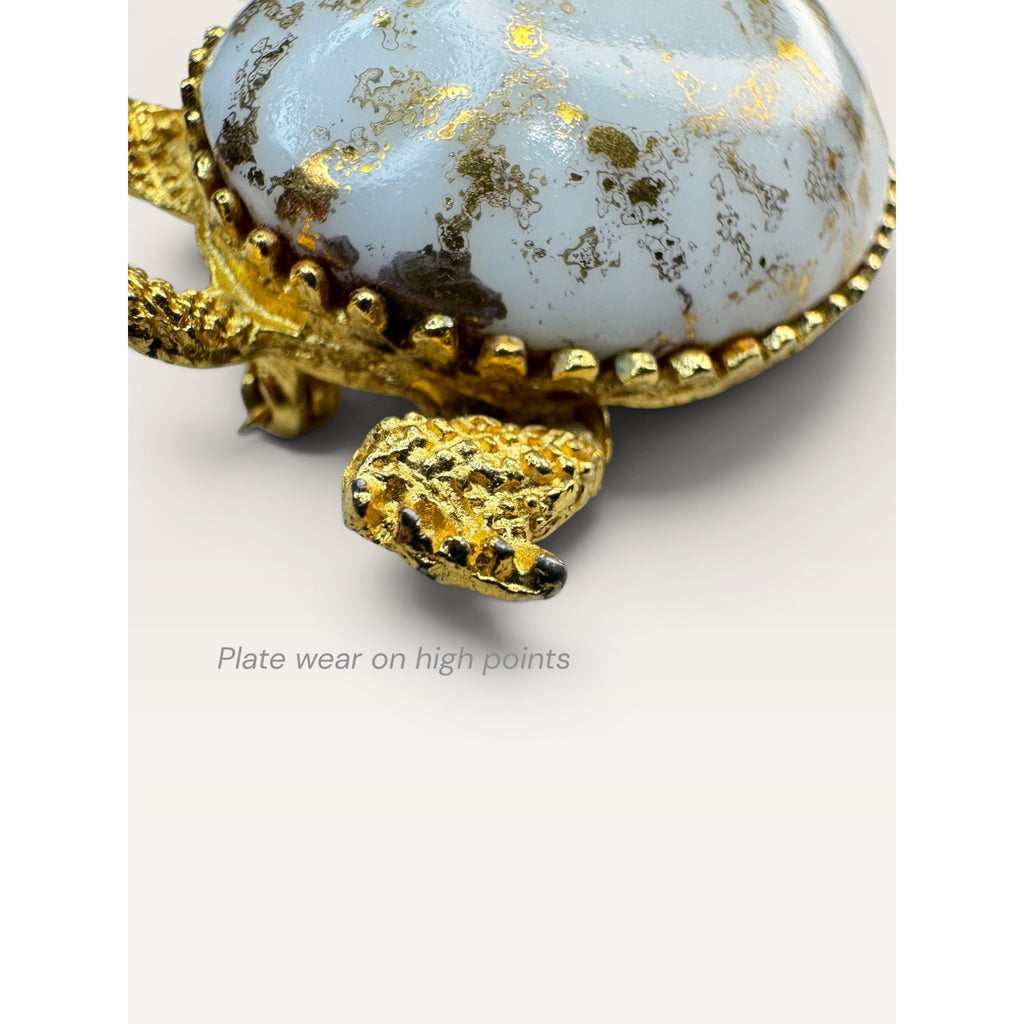 1960s White Glass Gold Leaf Turtle Brooch Gold Tone Figural Animal Vintage