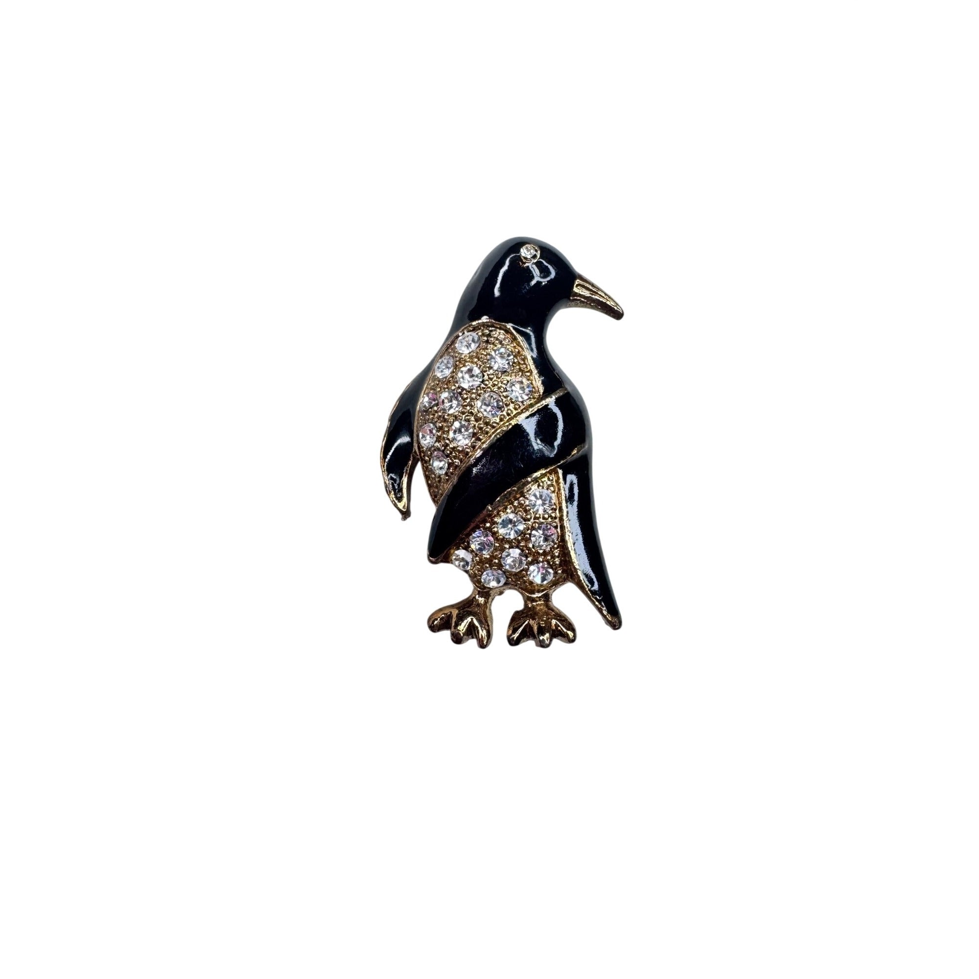 Unsigned Brooch Penguin Black Enamel Crystal Figural Gold Tone 2010s