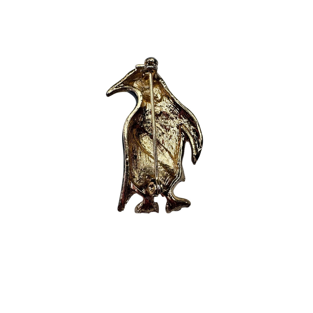Unsigned Brooch Penguin Black Enamel Crystal Figural Gold Tone 2010s