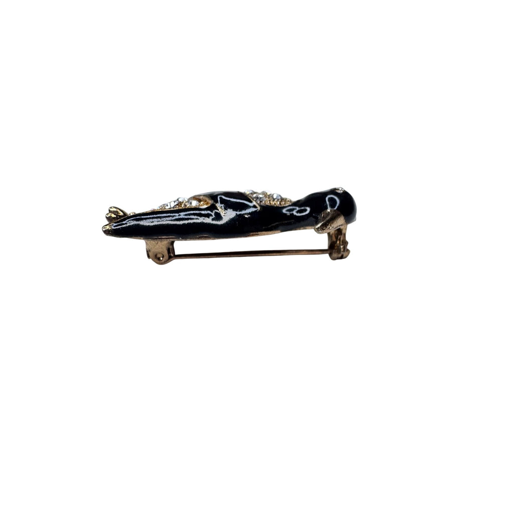 Unsigned Brooch Penguin Black Enamel Crystal Figural Gold Tone 2010s
