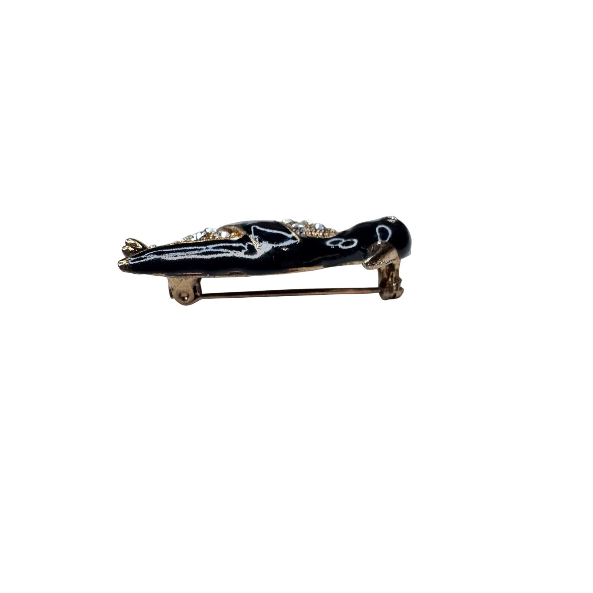 Unsigned Brooch Penguin Black Enamel Crystal Figural Gold Tone 2010s