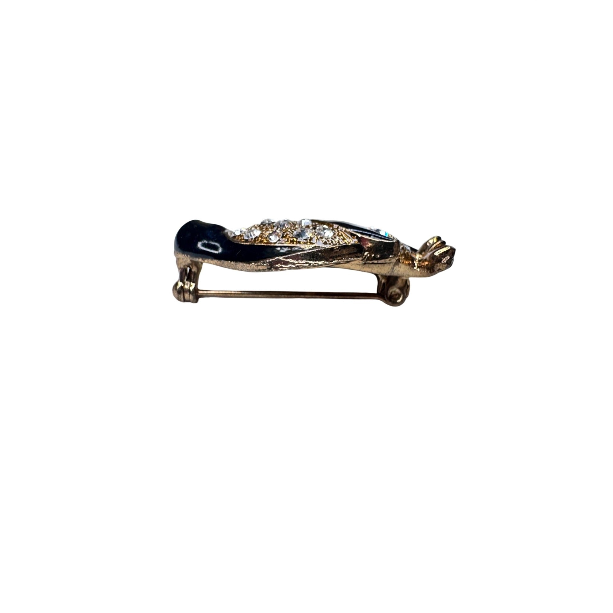 Unsigned Brooch Penguin Black Enamel Crystal Figural Gold Tone 2010s