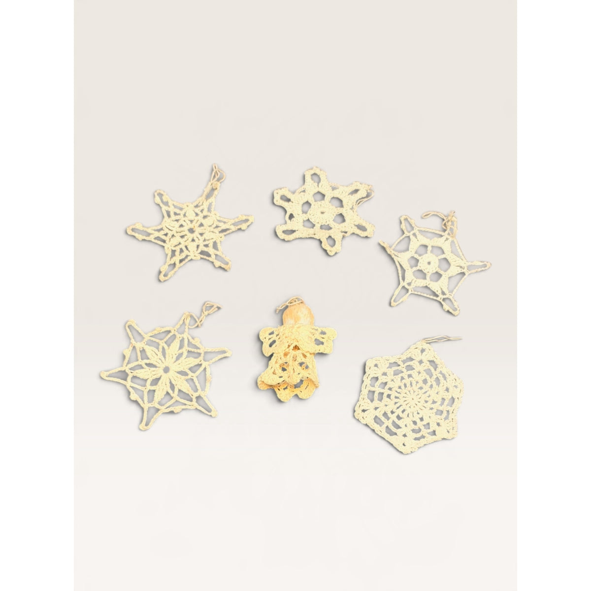 Crochet Lace Christmas Ornaments Snowflakes Angel Set of 6 Vintage