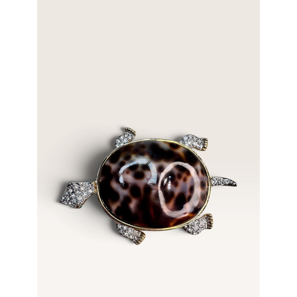 Vintage 1990s Kenneth Jay Lane KJL Tiger Cowrie Shell Rhinestone Turtle Brooch