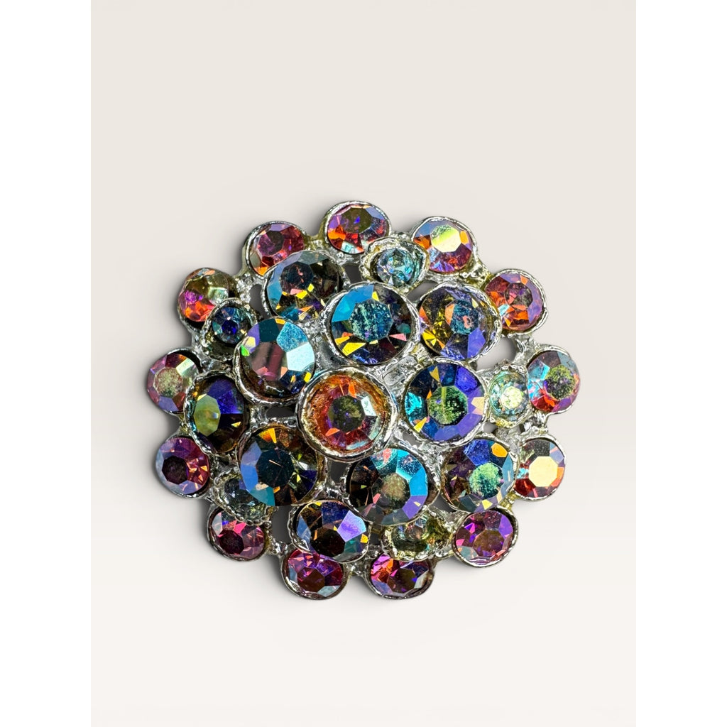 1960s Aurora Borealis Rhinestone Cluster Brooch Round Silver Tone Vintage