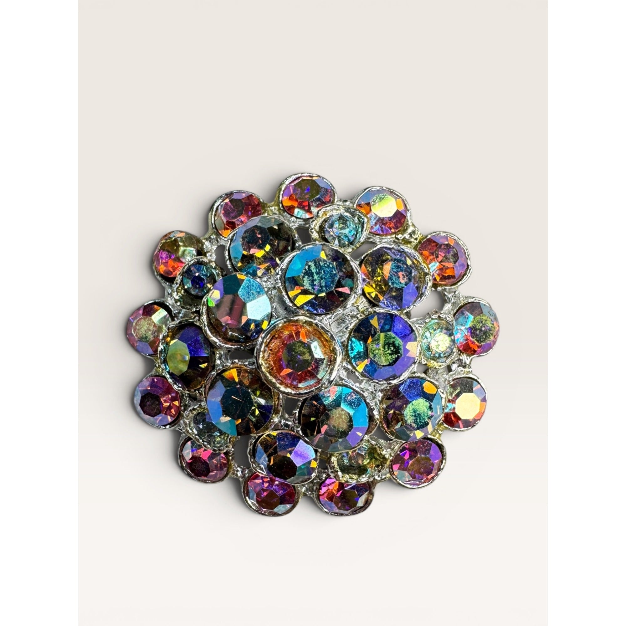 1960s Aurora Borealis Rhinestone Cluster Brooch Round Silver Tone Vintage