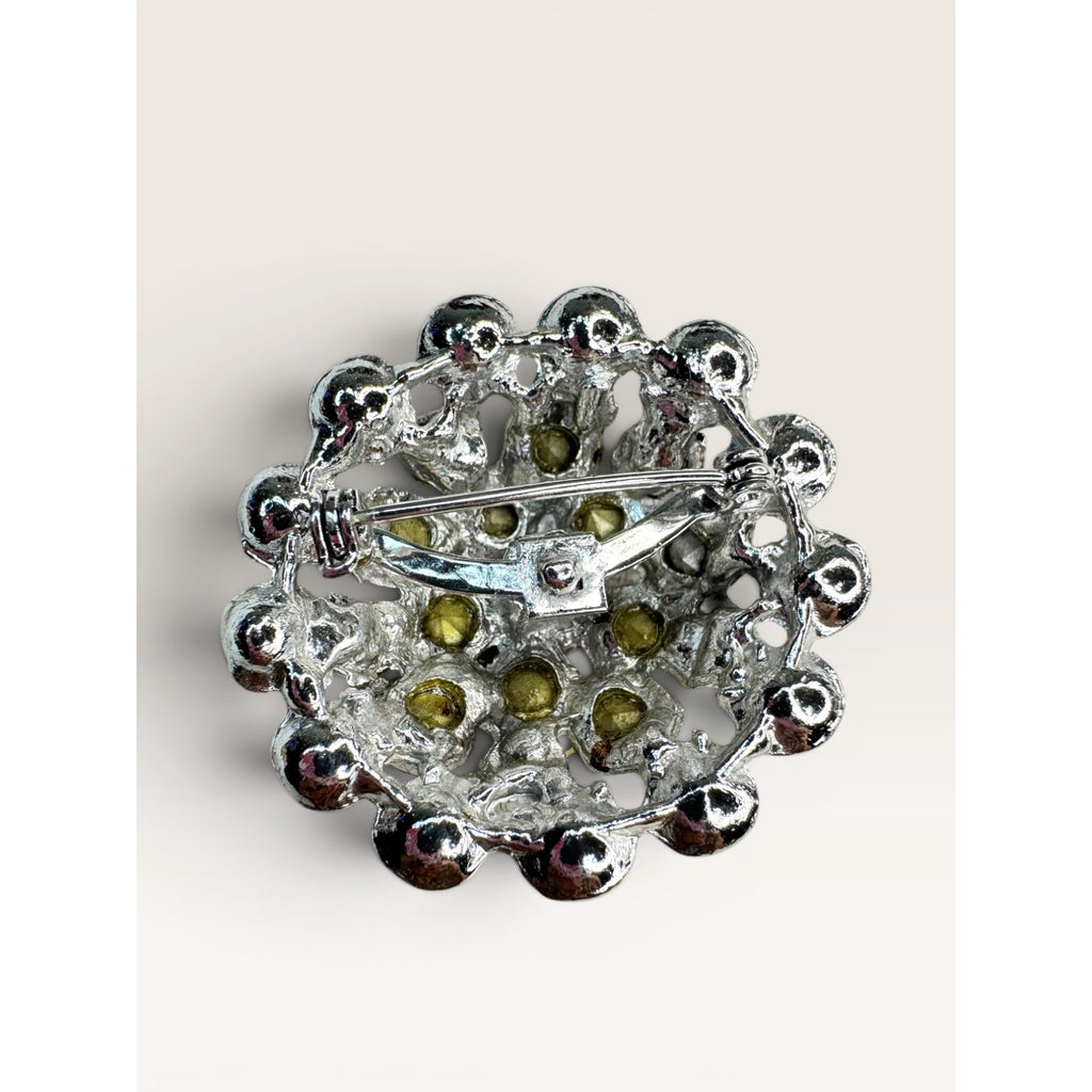 1960s Aurora Borealis Rhinestone Cluster Brooch Round Silver Tone Vintage