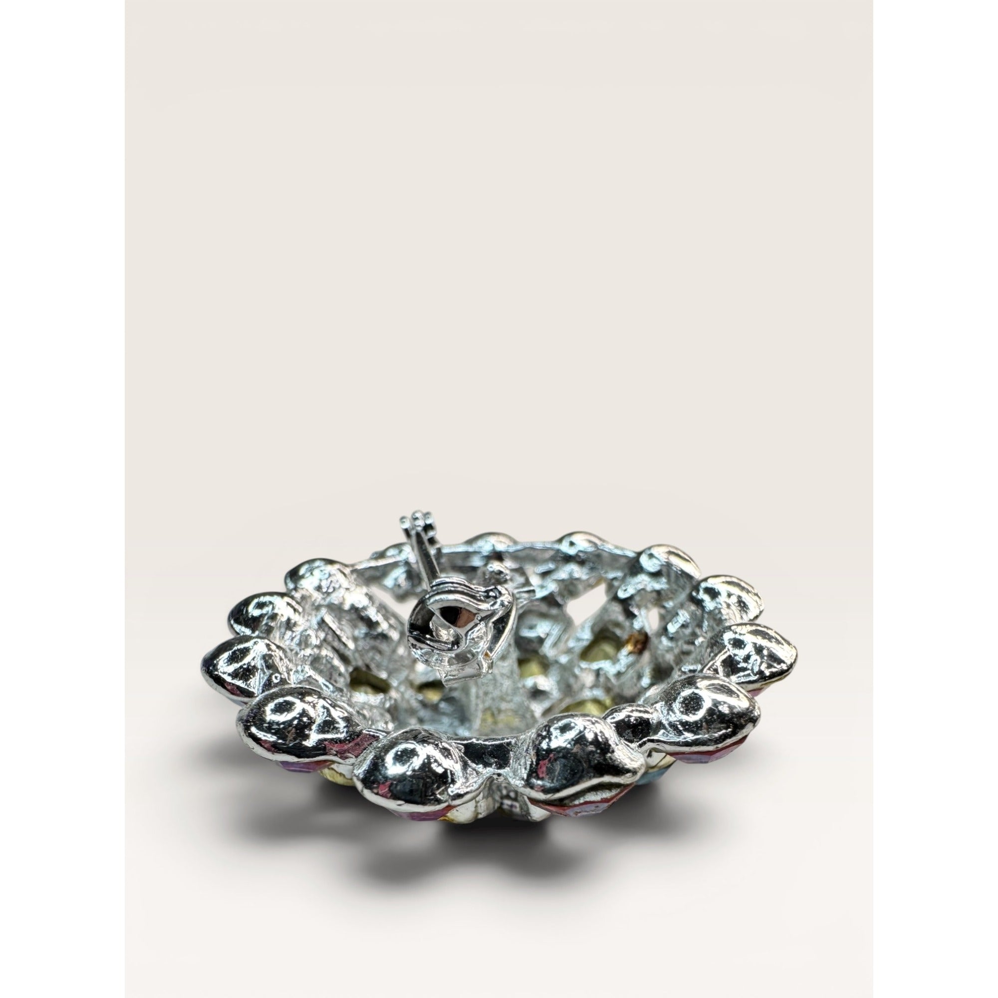 1960s Aurora Borealis Rhinestone Cluster Brooch Round Silver Tone Vintage