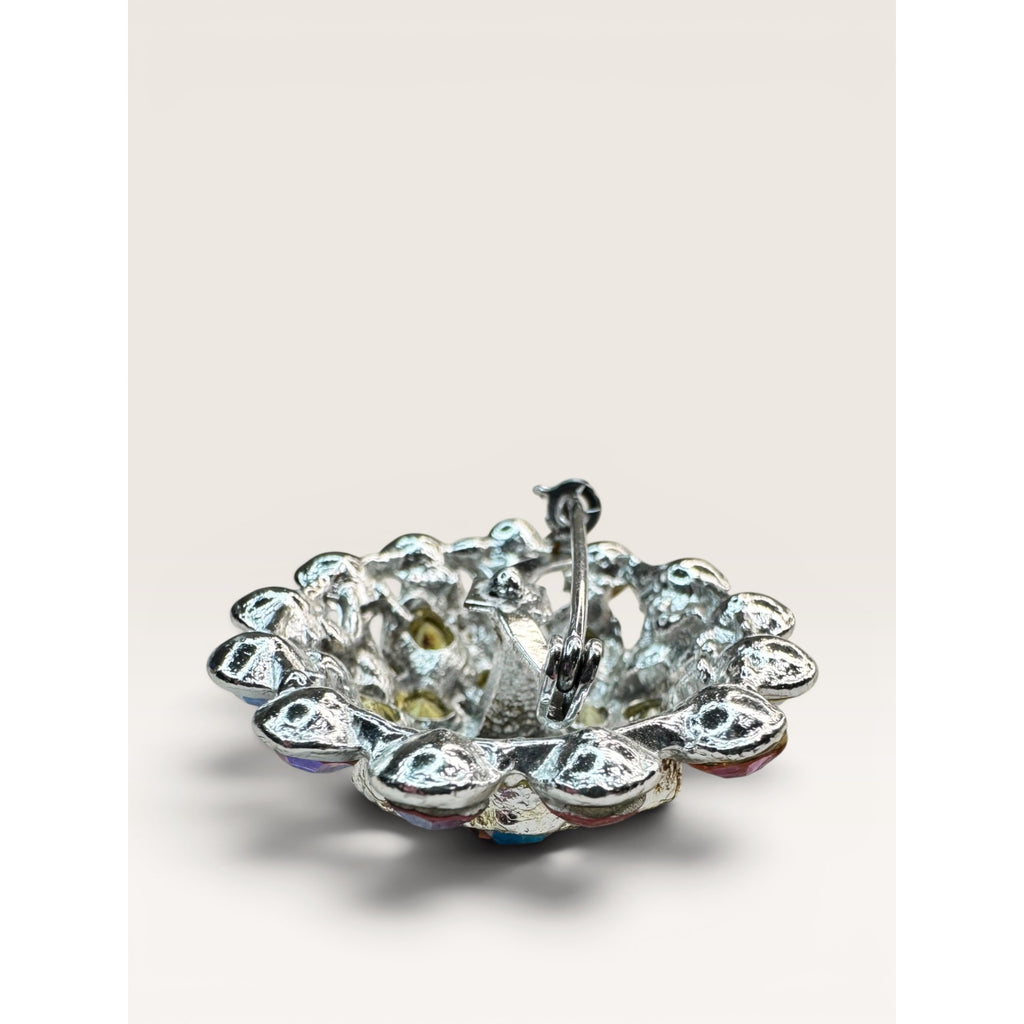 1960s Aurora Borealis Rhinestone Cluster Brooch Round Silver Tone Vintage